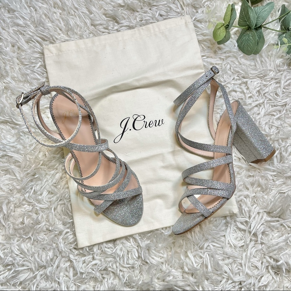 J.Crew Stella Silver Glitter Cross Strap Block Heels Size 6.5